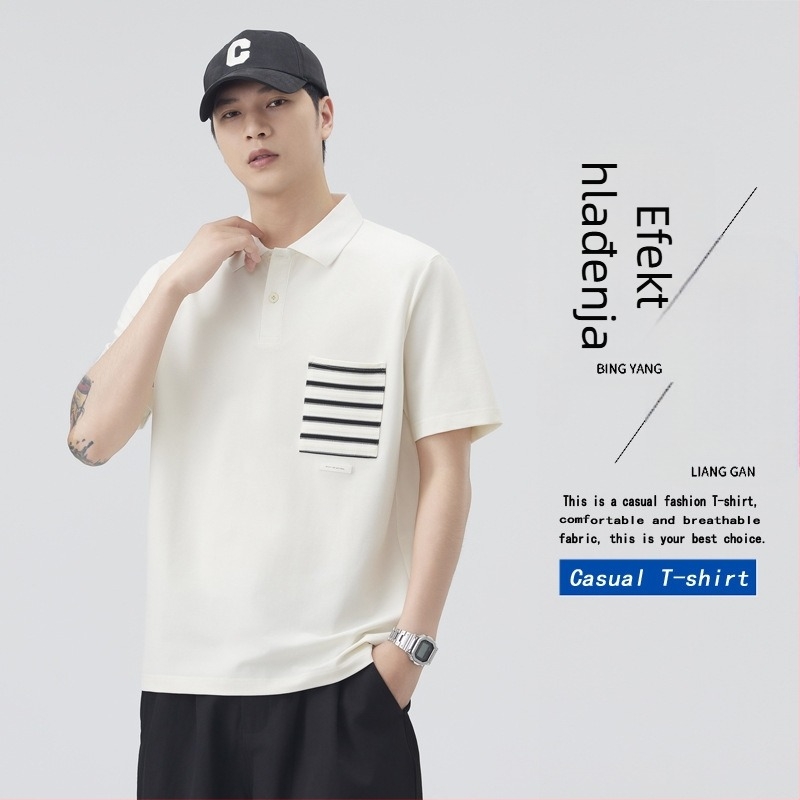 Muški ljetni polo s kratkim rukavima, lagani luksuz, hladna tekstura s malim perlicama, japanski stil ovratnika, široka kroja, vrhunski dojam, inspirirano radnom odijelu