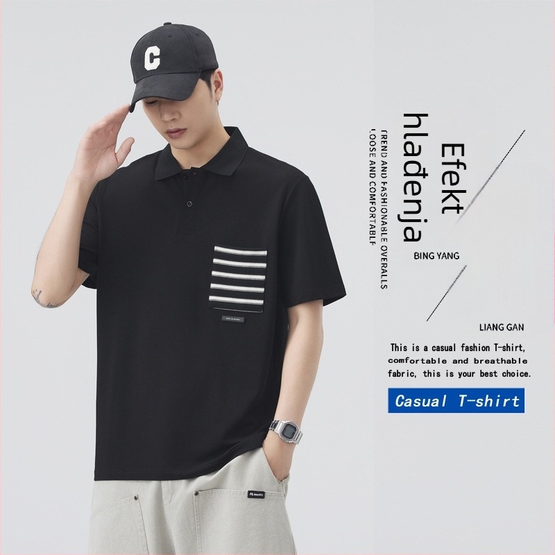 Muški ljetni polo s kratkim rukavima, lagani luksuz, hladna tekstura s malim perlicama, japanski stil ovratnika, široka kroja, vrhunski dojam, inspirirano radnom odijelu