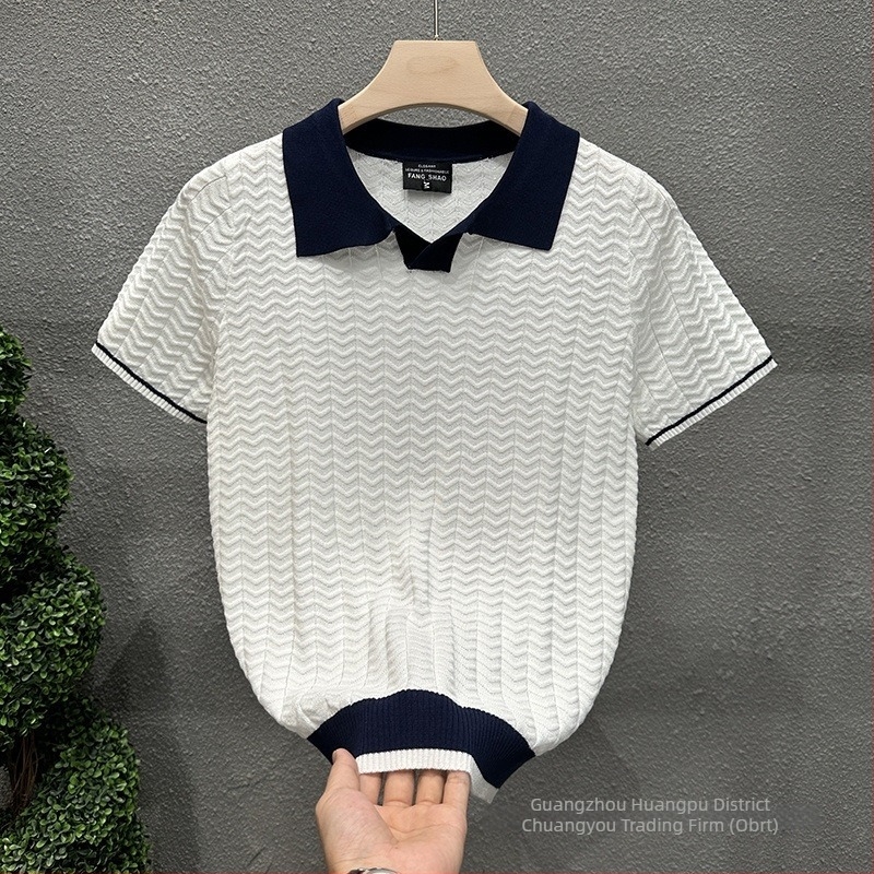 Muško polo s Turn-Down ovratnikom od Ice Silk, color-block pleteni, slim-fit, kratkim rukavima, crna