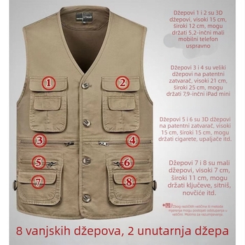 Muški prsluk s V izrezom, s višestrukim džepovima, velika veličina, kopčanje, 100% pamuk, jednobojna, opuštena radna jakna, sportski stil