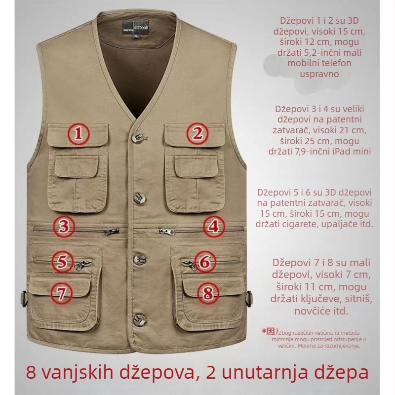 Muški prsluk s V izrezom, s višestrukim džepovima, velika veličina, kopčanje, 100% pamuk, jednobojna, opuštena radna jakna, sportski stil