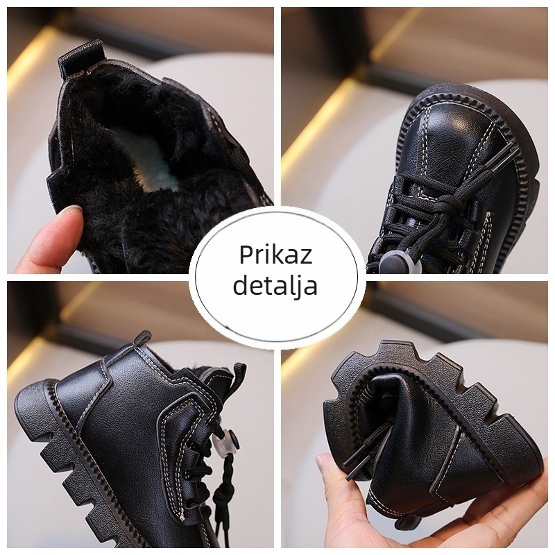 Dječje zimske čizme za snijeg, kožni gornji dio, Martins stil, s vunenom unutrašnjom, tople kratke čizme