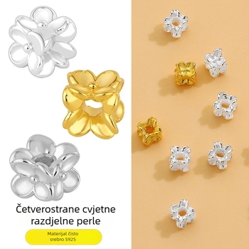 S925 sterling srebrne perle s četiri strane cvijet oblikom za DIY nakit, razdjelne perle za narukvicu