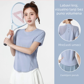 Ženski fitness T-shirt za jogu i trčanje, kratki rukavi, brzo upijajući materijal, mrežasti panel, za Pilates i fitness treninge