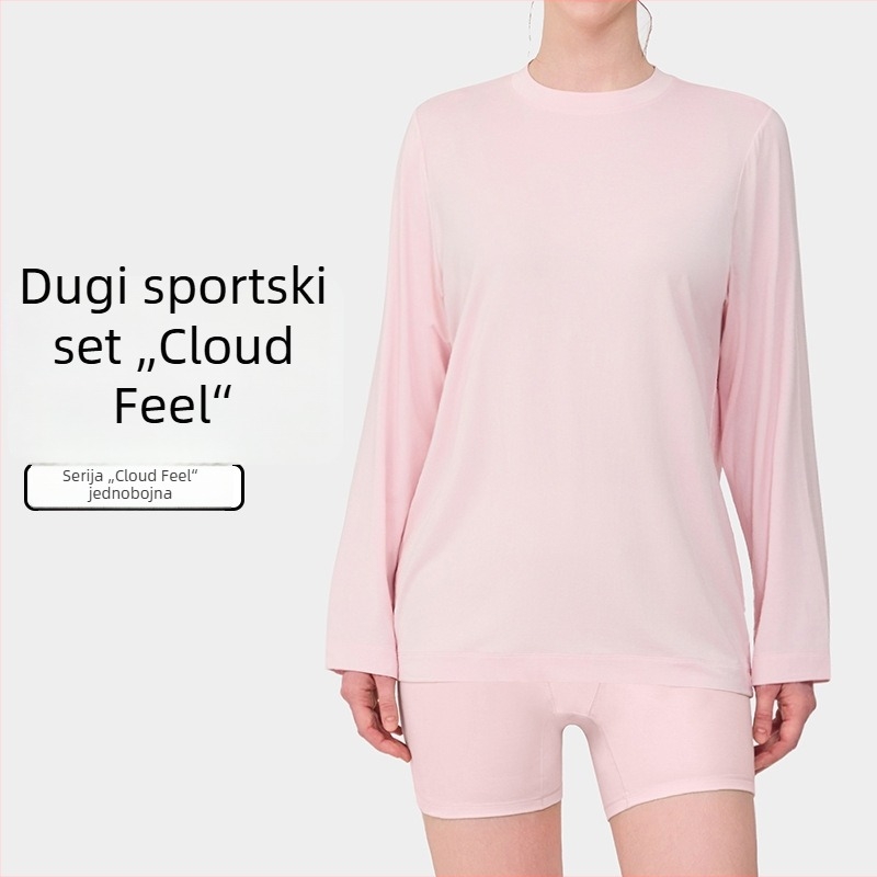 Ženski set za jogu i fitness: gornji dio s dugim rukavima i zaobljenim izrezom, lagani materijal, uske hlače (leggings), za trening i opuštanje