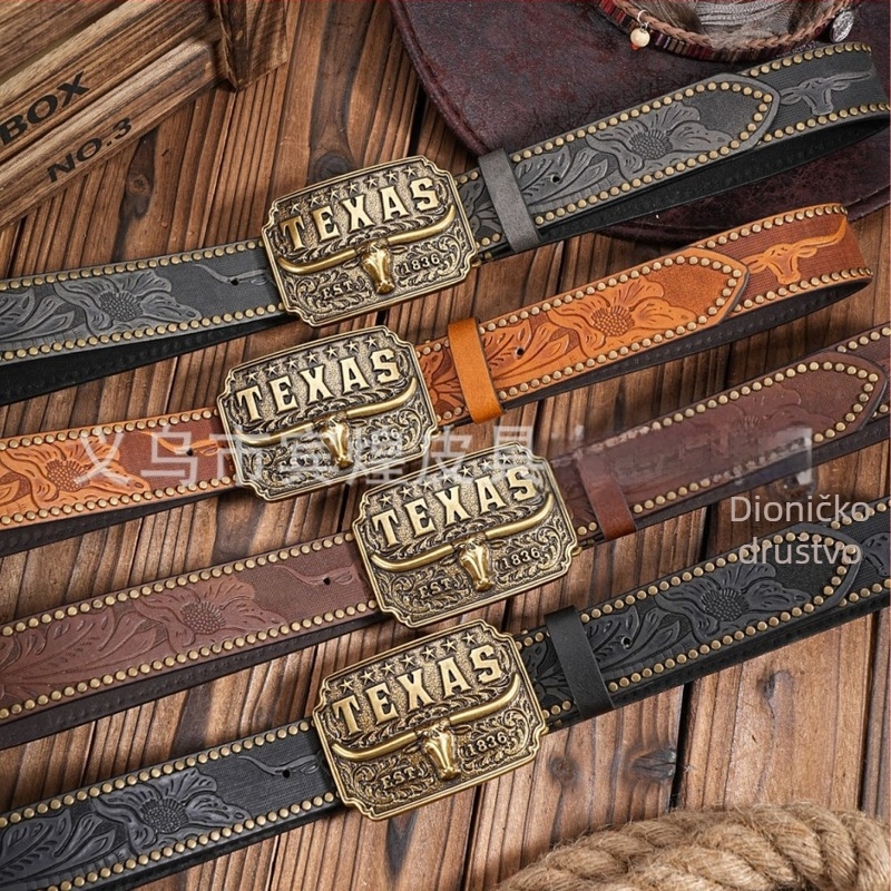 Muški PU kožni pojas s urezanom glavom krave i zakovicama, vintage zapadnjačkog stila