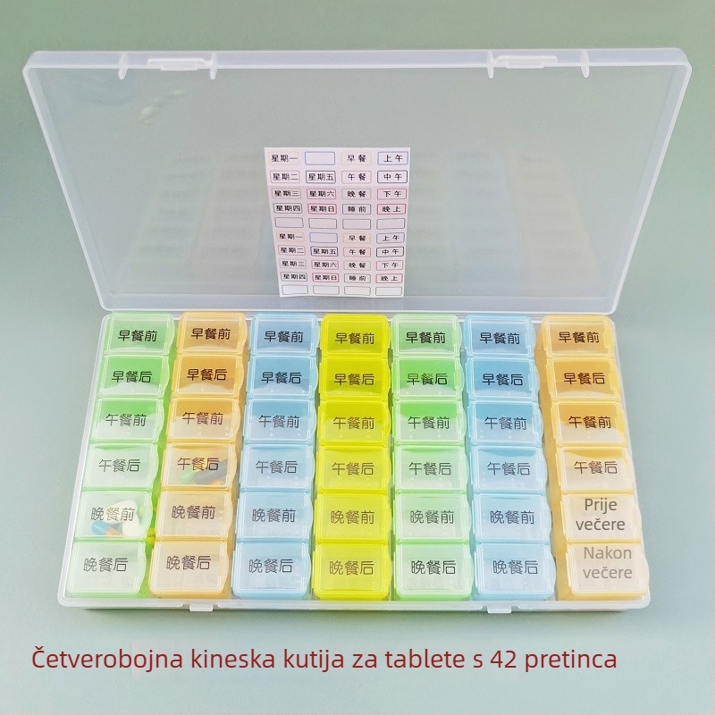 Tjedni organizator lijekova s 42 pretinca, za šest obroka dnevno, kutija za skladištenje lijekova od materijala sigurnog za hranu, prenosna kapsulna kutija, velik kapacitet