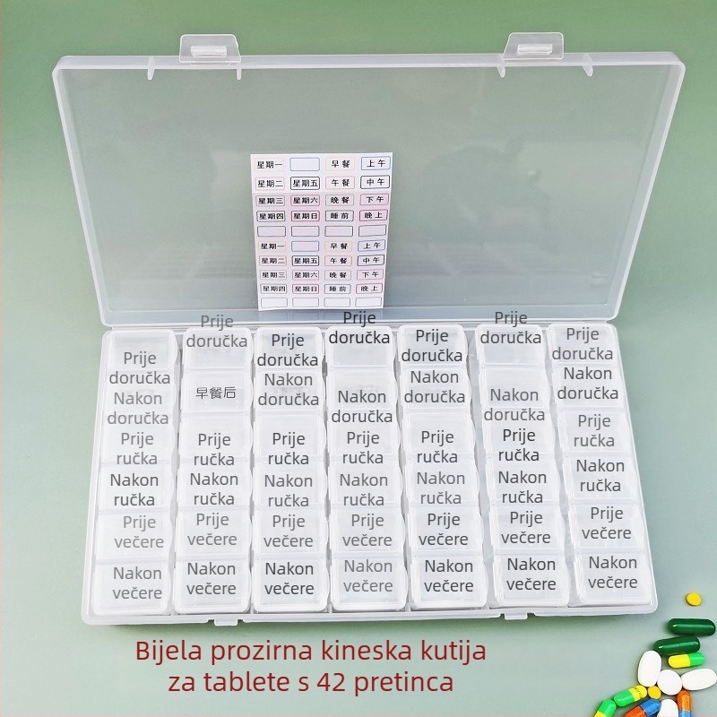 Tjedni organizator lijekova s 42 pretinca, za šest obroka dnevno, kutija za skladištenje lijekova od materijala sigurnog za hranu, prenosna kapsulna kutija, velik kapacitet
