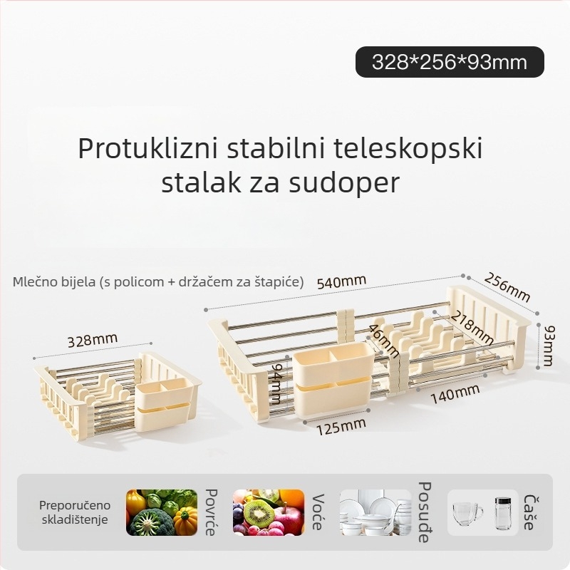 Proširivi stalak od nehrđajućeg čelika za sudoperu u kuhinji – za zdjele, tanjure, pribor i voće, odvodna mreža i skladišna polica