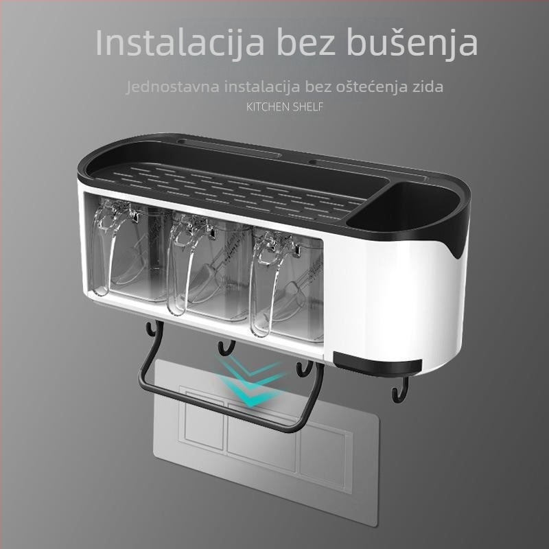 Višefunkcionalni kuhinjski set za začine s poklopom — spremnik za sol, bočice za začine i zidni stalak za pohranu