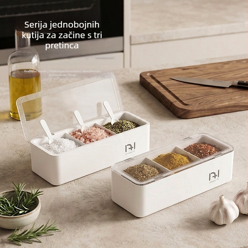 Set kutija za začine s tri odjeljka i poklopcem, otporan na vlagu za kuhinju