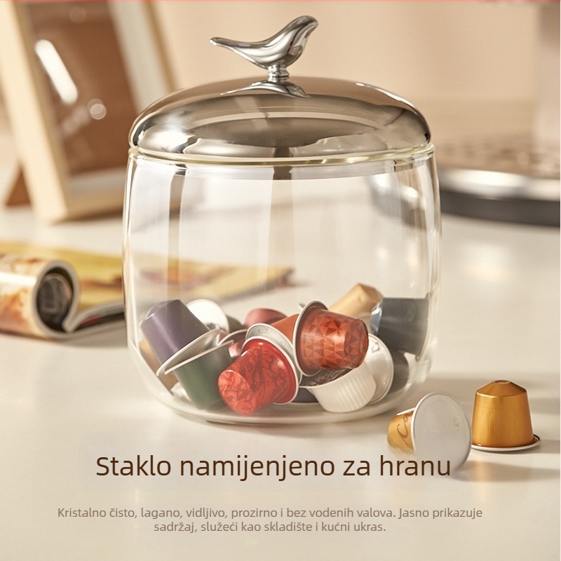 Zatvoren stakleni spremnik velike kapacitete za kavu, sušenu koru mandarine, čajne listove, bilje i užinu; ojačan dizajn