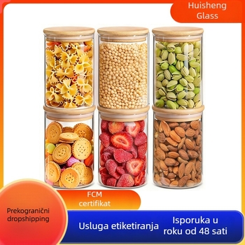 Prozirna staklena posuda za kuhinju s zatvaračem poklopom, za čaj, žitarice i užine; borosilikatno staklo, prehrambena kvaliteta, okrugli oblik, 800–1000 ml, pogodna za mikrovalnu