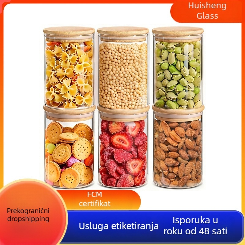 Prozirna staklena posuda za kuhinju s zatvaračem poklopom, za čaj, žitarice i užine; borosilikatno staklo, prehrambena kvaliteta, okrugli oblik, 800–1000 ml, pogodna za mikrovalnu