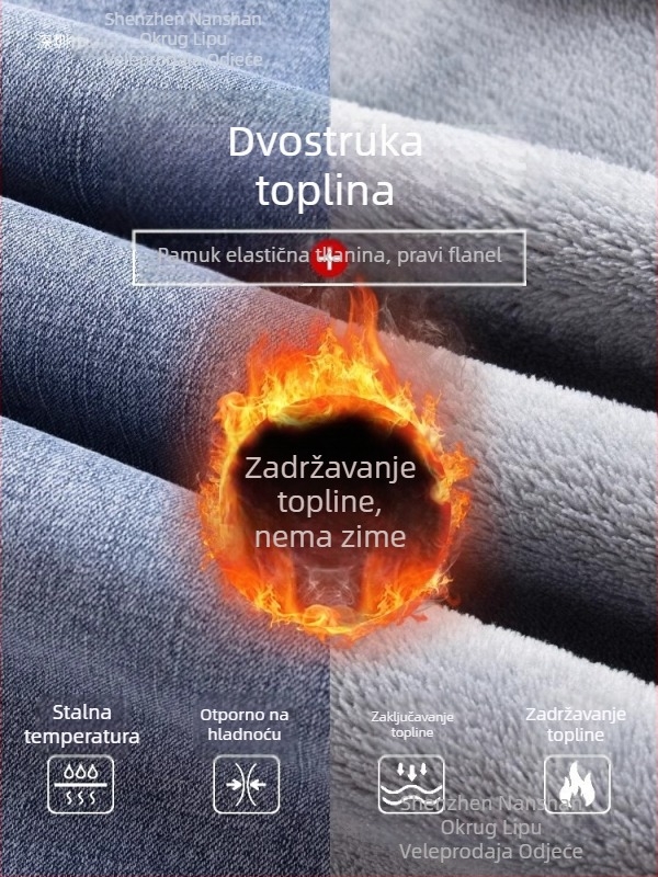 Muške farmerice s fleece unutrašnjošću za zimu, tople, ležerno ravnog kroja, svijetla boja