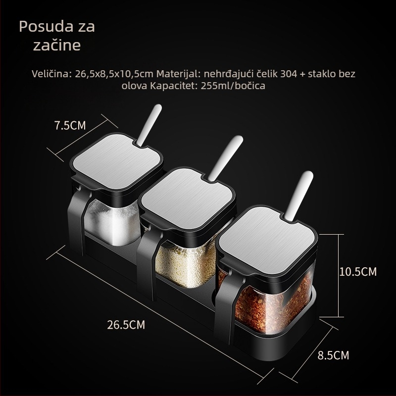 Set staklenih posuda za začine 304 s ručkom, posude za sol i začine, uključuje žličicu, zapečaćeno skladištenje