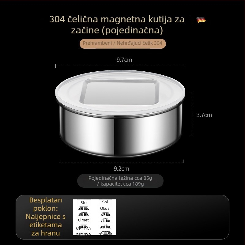 Kutija za začine od 304 nehrđajućeg čelika sa magnetskim poklopcem, podijeljene pregrade za kuhinjsku pohranu