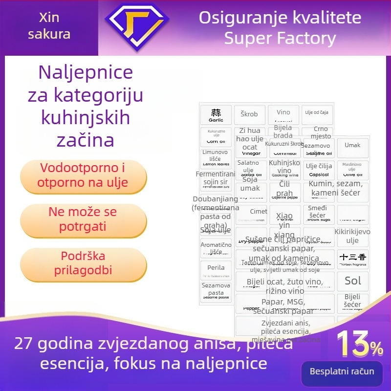 Sakura kuhinjske oznake za začine – oznake za sol, umak i ocat, vodootporne i otporne na masnoću, klasifikacija umaka i octa, bijele sjajne naljepnice