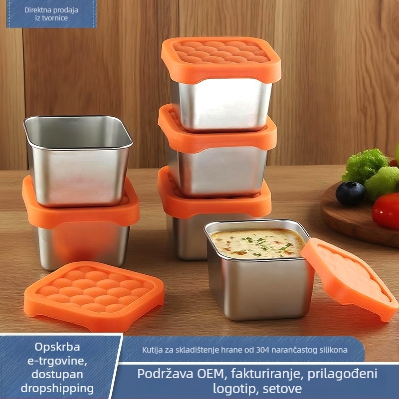 Kvadratna posuda od 304 nehrđajućeg čelika sa silikonskim poklopcem, hermetički zatvorena – set posuda za umake, salate i dipove