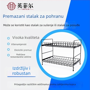Višeslojni metalni stalak za posuđe na kuhinjskom pultu s odvodnim košem za tanjure i štapiće — moderni minimalistički, pokretni
