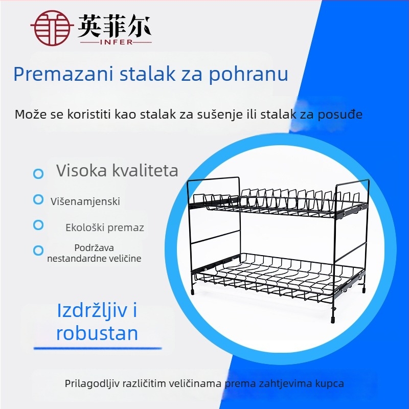 Višeslojni metalni stalak za posuđe na kuhinjskom pultu s odvodnim košem za tanjure i štapiće — moderni minimalistički, pokretni