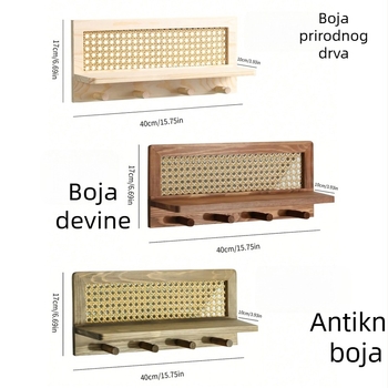 Drveni zidni stalak s dekorom od ratana i kukama za ključeve – dekorativna polica za zid