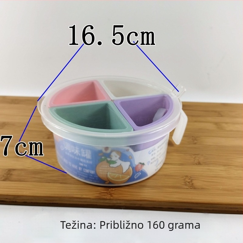 Okrugla kutija za začine s četiri pretinca i žlicom – kućna uporaba