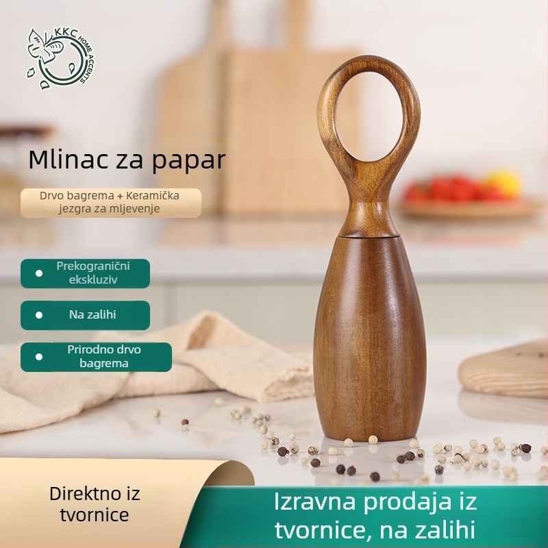 7-inčni ručni drveni mljevenik za papar, mljevenik od akacije za kuhinjske začine