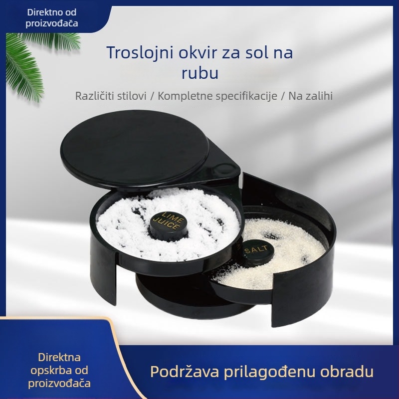 Crna troredna kutija za začine u baru, set soli za rub Margarite, plastična posuda za sol, limunovu sol i šećer