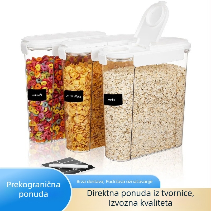 Zatvorene plastične posude za žitarice i suhe namirnice, kuhinjsko skladištenje, posude za čaj i zob