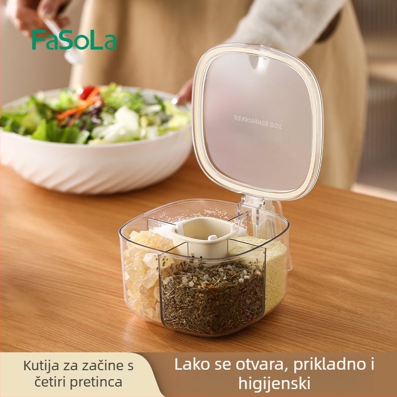 FaSoLa posuda za začine s ručkom i preklopnim poklopcem, otporna na vlagu, kuhinjska kutija s četiri pretinca za začine