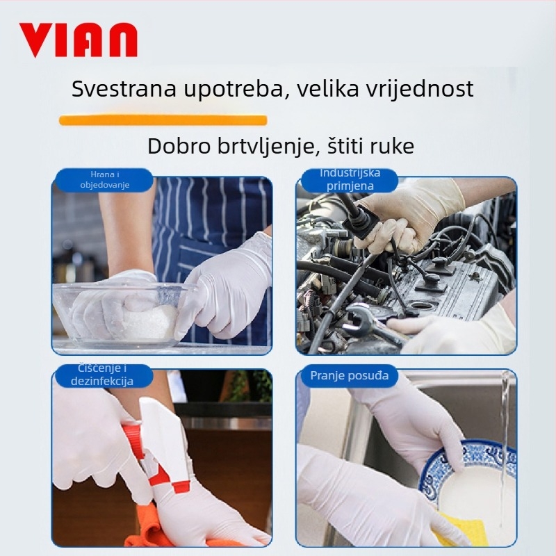 Vian jednokratne nitril rukavice, bijele, sigurne za hranu, pogodne za catering, kućanske poslove i pranje suđa u kuhinji, debele i izdržljive