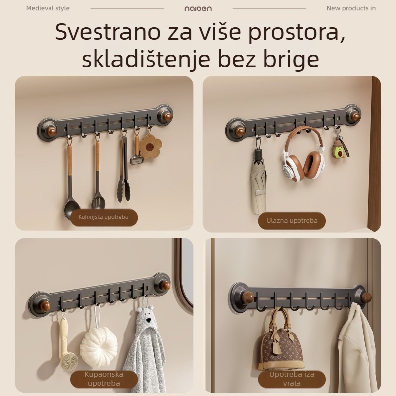 Zidna kuhinjska polica s usisnim držačima za špatule, žlice i daske za rezanje — bez bušenja, ušteda prostora, višefunkcionalna