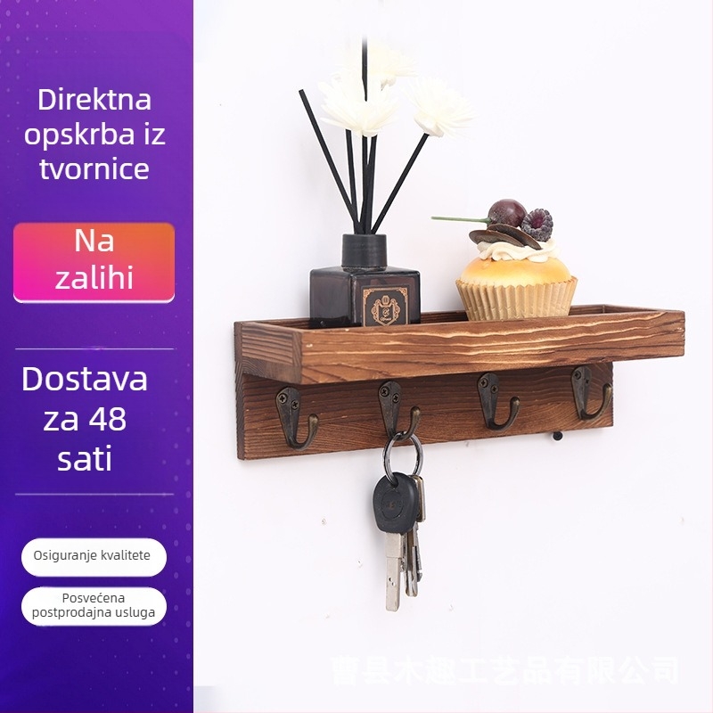 Zidni organizator za odlaganje u američkom seoskom stilu, masivno drvo, držač za ključeve s kukama za kapute u hodniku