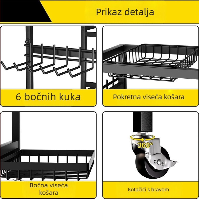 Troetažni stalak za jogu sa bočnim kukicama, košarom za skladištenje i pomičnim organizatorom za joga prostirke