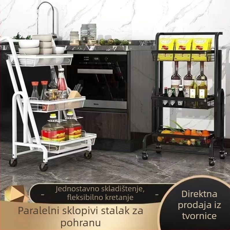 Kuhinjski trostupanjsti stalak za povrće na podu, s košem za ocjeđivanje i kolica