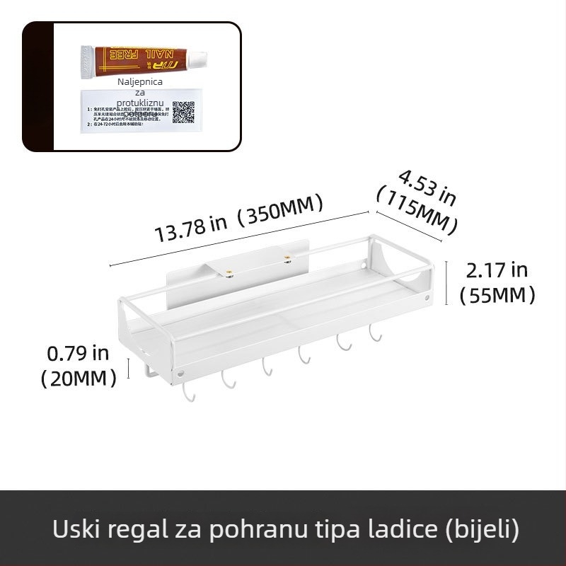 Uski zidni regal s izvučnim košem u ormaru, za kuhinju i praonicu, montaža ljepilom, karbonska čelika, otporna na vlagu.