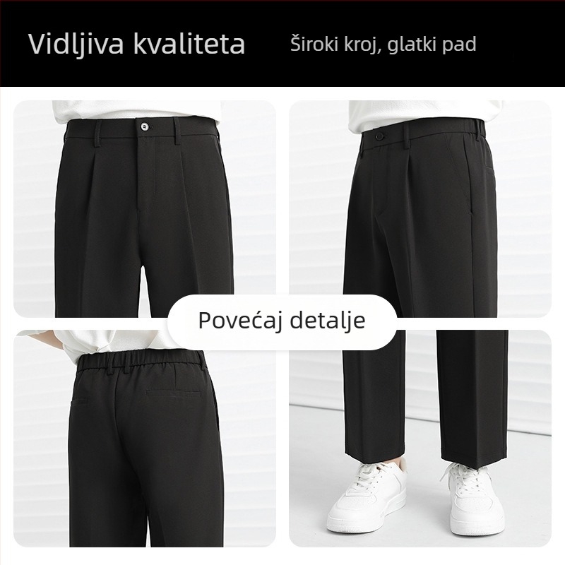 Ljetne muške hlače vrhunske kvalitete, opuštenog kroja, širokih nogavica, ravni kroj, drapiranje, bez nabora, duljina 9/10