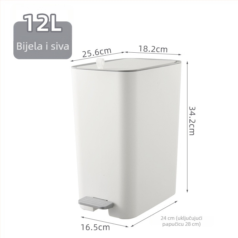 Veliki pravokutni pedalni kanta s poklopcem, uskog profila, 12 L, PP, za dnevni boravak i kupaonicu.
