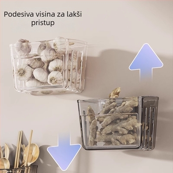 Zidni kuhinjski organizator, višenamjenska polica za poriluk, đumbir i češnjak, držač začina i košara za povrće s odvodom