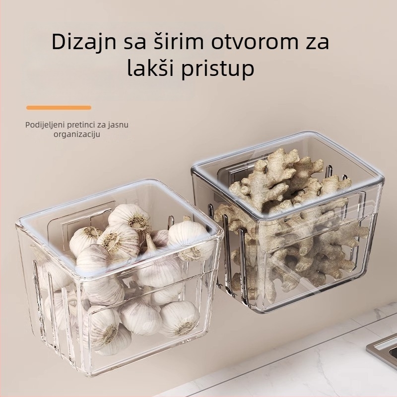 Zidni kuhinjski organizator, višenamjenska polica za poriluk, đumbir i češnjak, držač začina i košara za povrće s odvodom