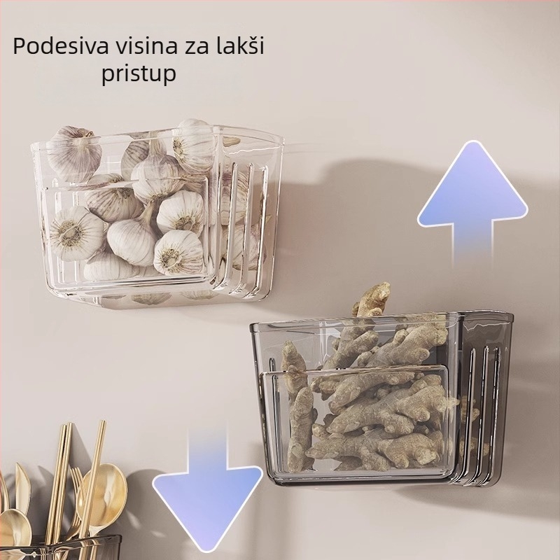 Zidni kuhinjski organizator, višenamjenska polica za poriluk, đumbir i češnjak, držač začina i košara za povrće s odvodom