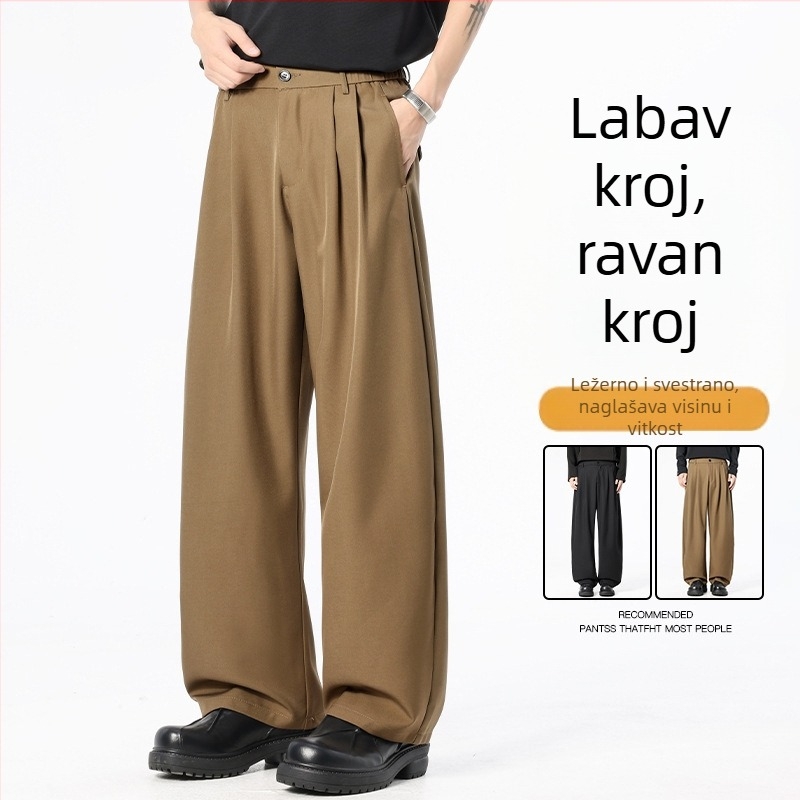 Muške hlače s trodimenzionalnim krojem i drapiranim širokim nogavicama, proljeće-jesen, opušten casual stil, dvostruko plisirane, ravni kroj, visoka kvaliteta