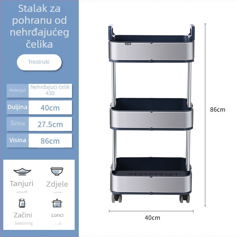 Kuhinjski stalak za pohranu na podu, višeslojni, pomični kolica, uska polica za začine