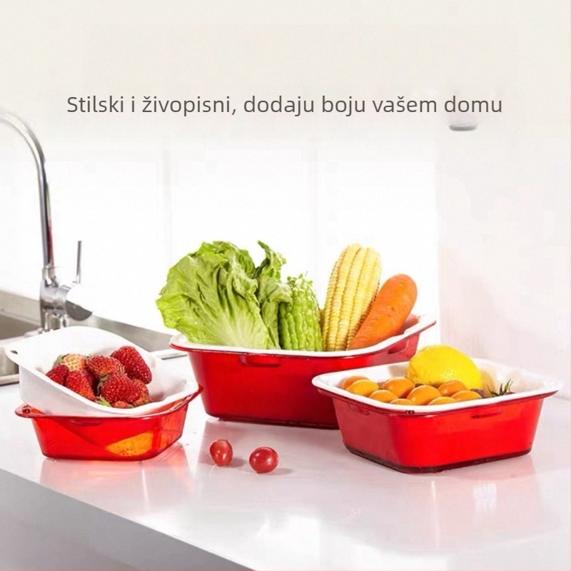 PET dvostruki plastični sudoper za pranje povrća s odvodom – kuhinjski organizator za povrće, voće, zdjelice i pribor, filtar za vodu i okvir za pohranu