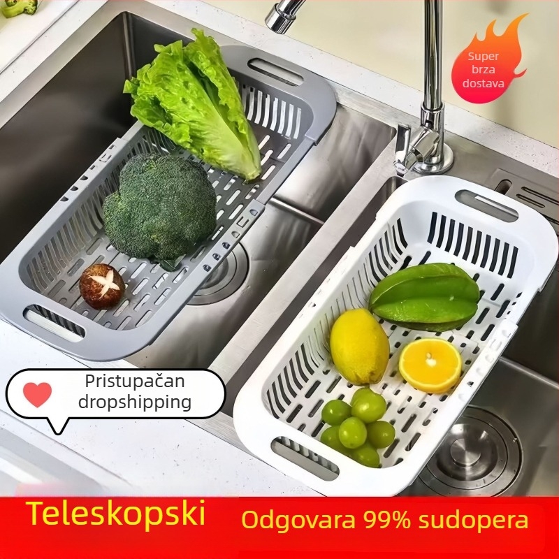 Višenamjenski teleskopski odvodni koš za pranje voća i povrća, skladišna košarica uz sudoperu, filtr za vodu i nosač za posuđe