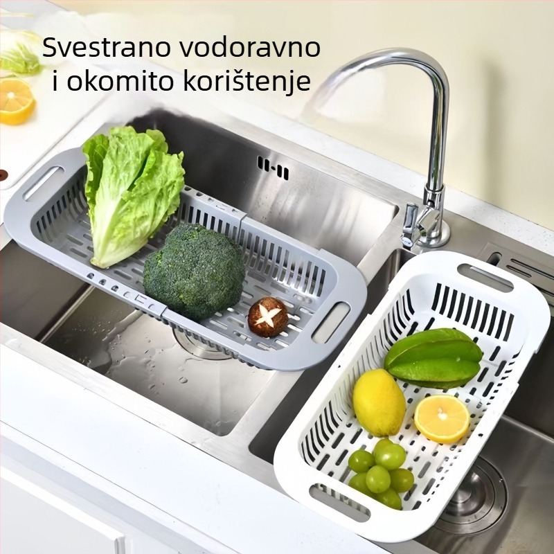Višenamjenski teleskopski odvodni koš za pranje voća i povrća, skladišna košarica uz sudoperu, filtr za vodu i nosač za posuđe