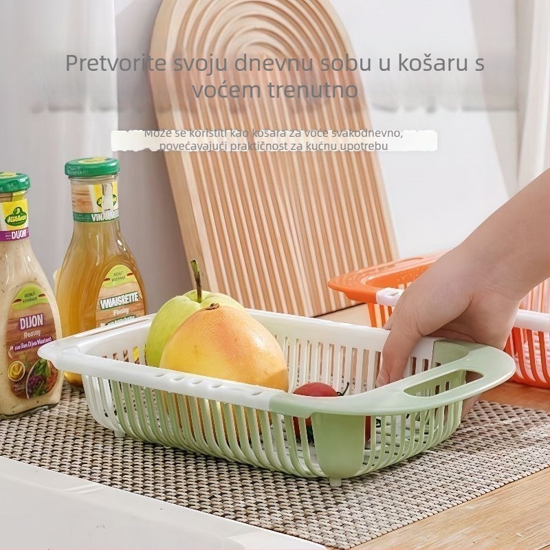 Dvostruki teleskopski plavi plastični odvodni stalak za odvodnjavanje, s držačem za voće – višenamjenski kuhinjski organizator.