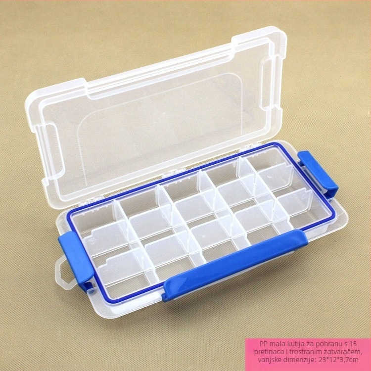 PP prozirna plastična kutija s 15 odjeljaka, trostrukim zatvaračem i poklopcem, odvojiva kutija za pohranu malih alata, dimenzije 23x12x3.7 cm