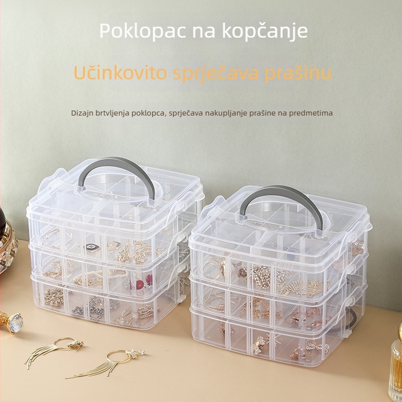Kutija za nakit s više slojeva, 18 odjeljaka za naušnice i ogrlice, zaštita od oksidacije, tro-slojni organizator s poklopcem